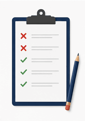 Eine Checkliste mit roten Kreuzen fuer haeufige Fehler und gruenen Haken fuer richtige Ansaetze