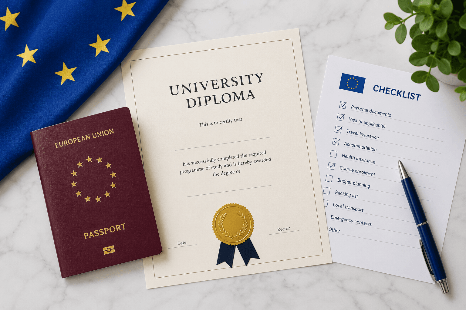 EU passport and university diploma on a desk with a checklist