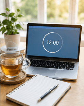 Ein ruhiger Arbeitsplatz mit einem Notizbuch, einer Tasse Tee und einem Laptop mit einem Countdown-Timer