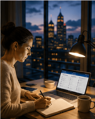 Berufstaetiger, der abends an einem Schreibtisch mit Laptop und Kaffee fuer eine Pruefung lernt