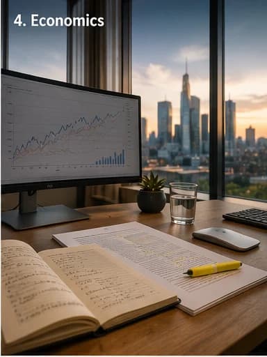 Economic data charts and an EU institutional Frankfurt skyline reference