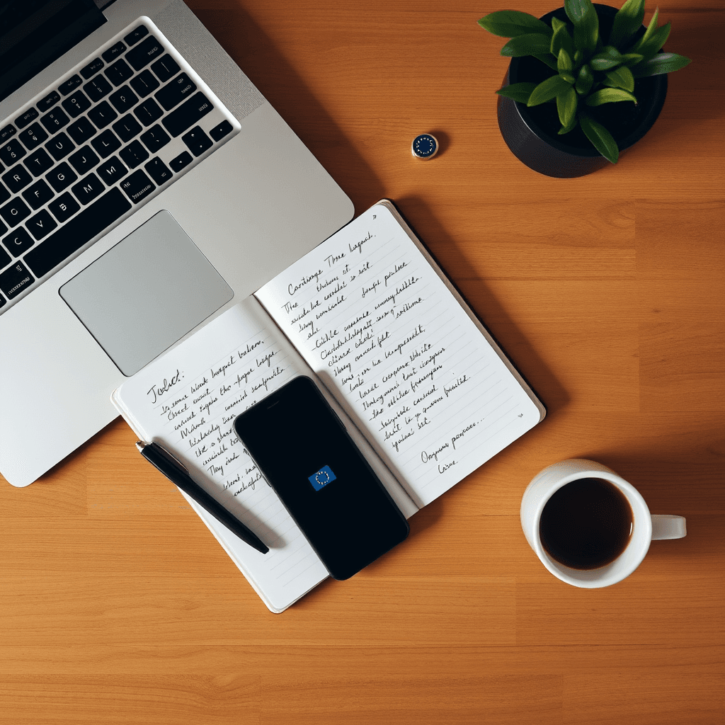 Study desk with laptop, phone and stationery