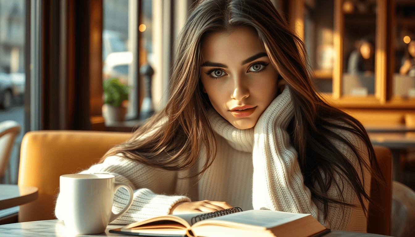 Young woman studying for EPSO exam in a café